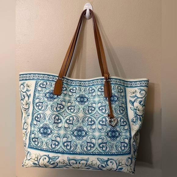Brighton Handbags - Brighton Brielle Blue White British Tan Leather Trim Coated Canvas
